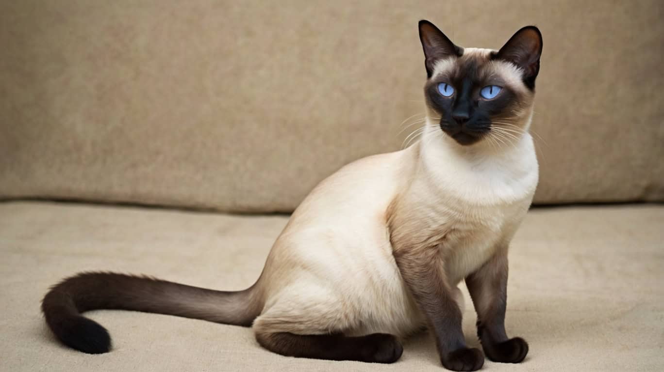 Сиамская кошка с изящными линиями тела и проницательными голубыми глазами.