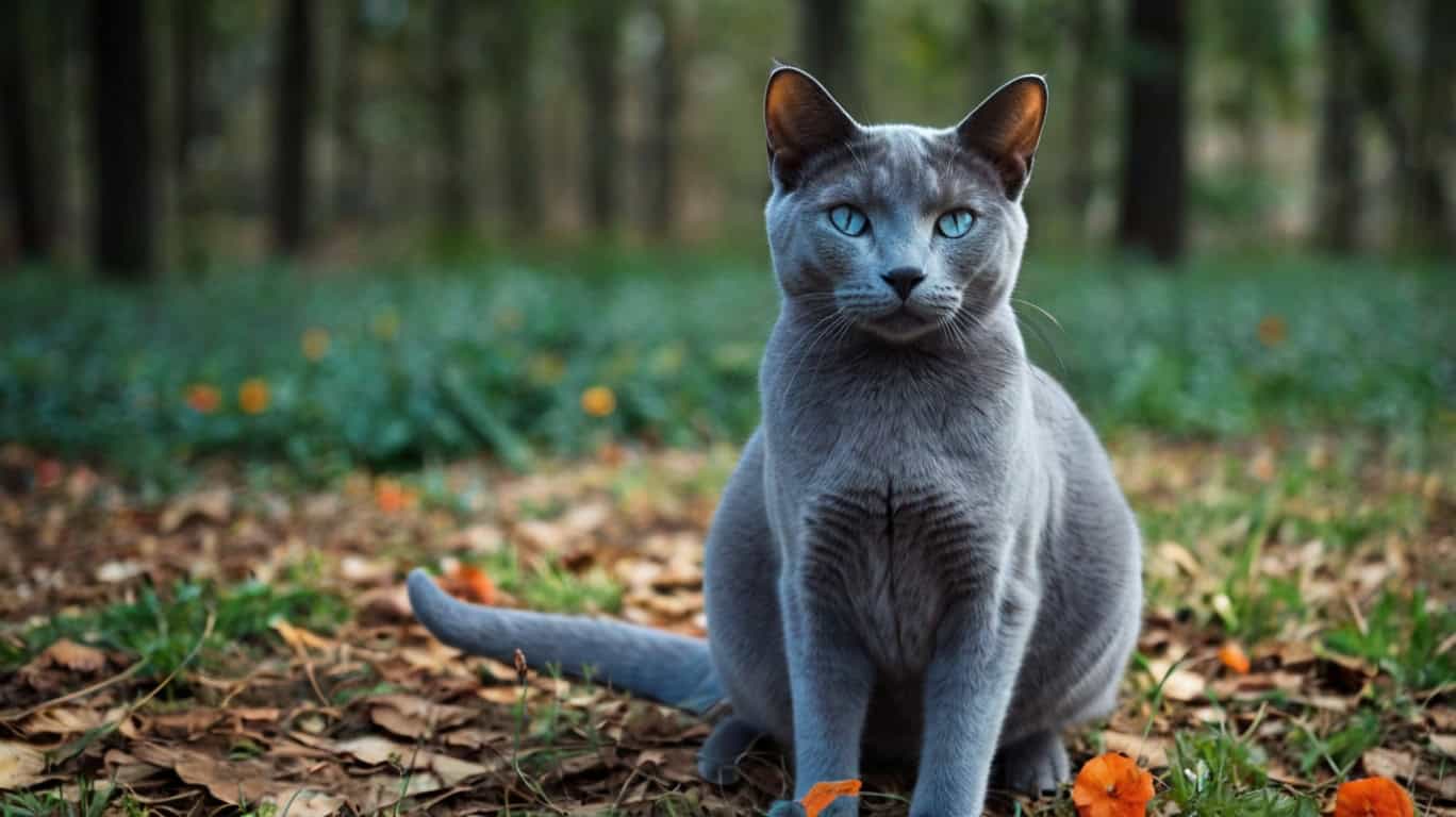 Русская голубая кошка с серебристо-серой шерстью и зелеными глазами.