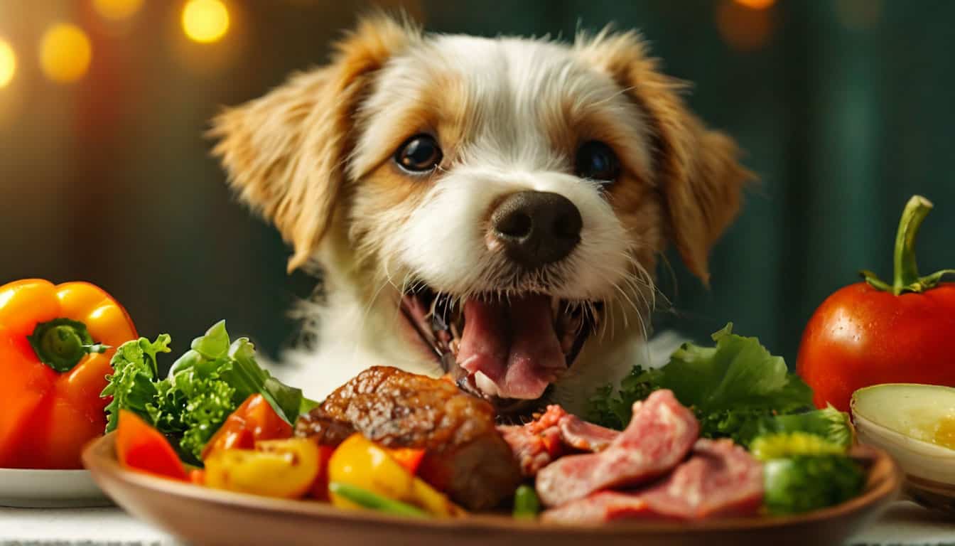 Счастливый питомец ест овощи и мясо