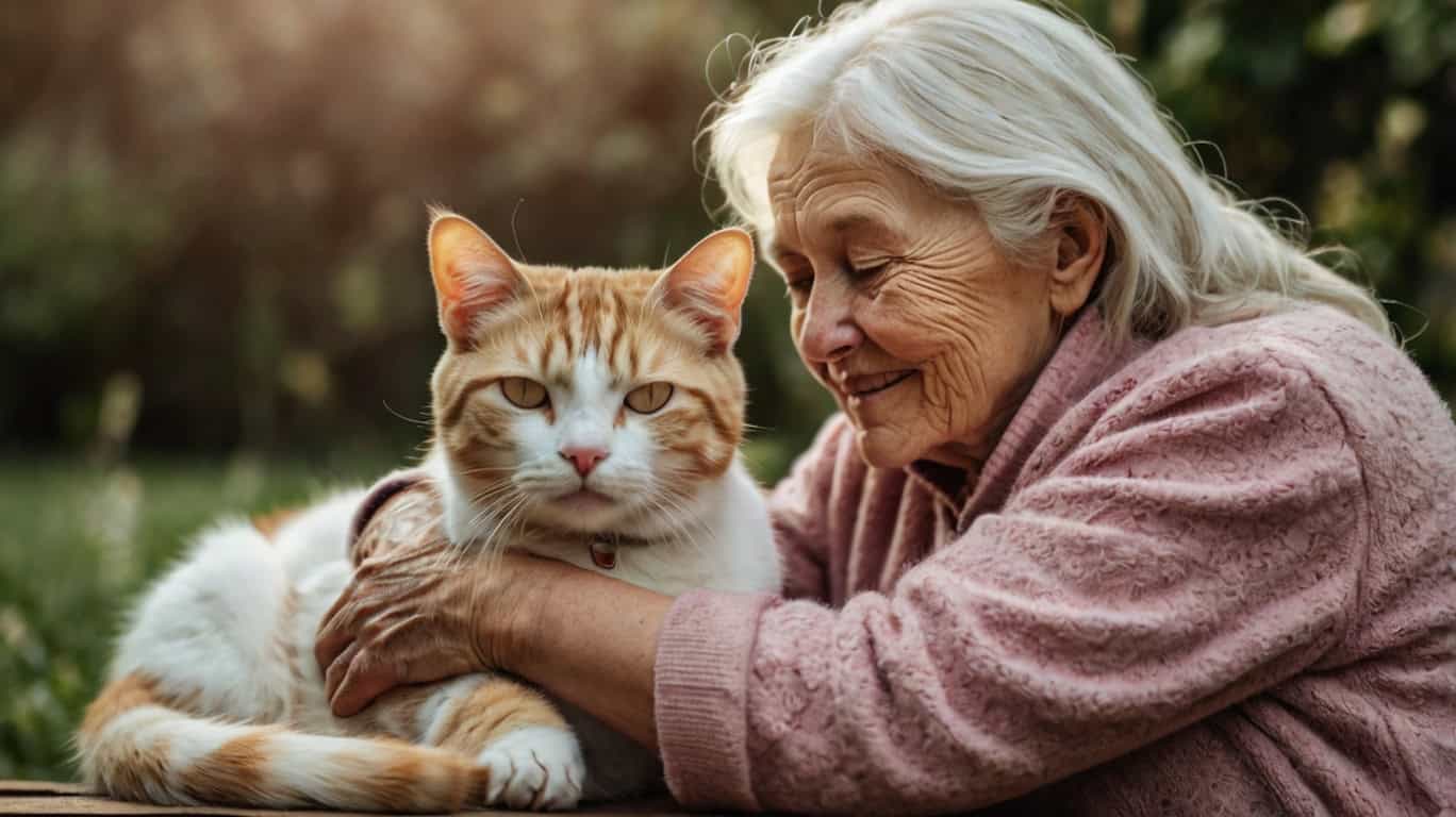 Котенок и пожилая хозяйка, разные этапы жизни домашних кошек.