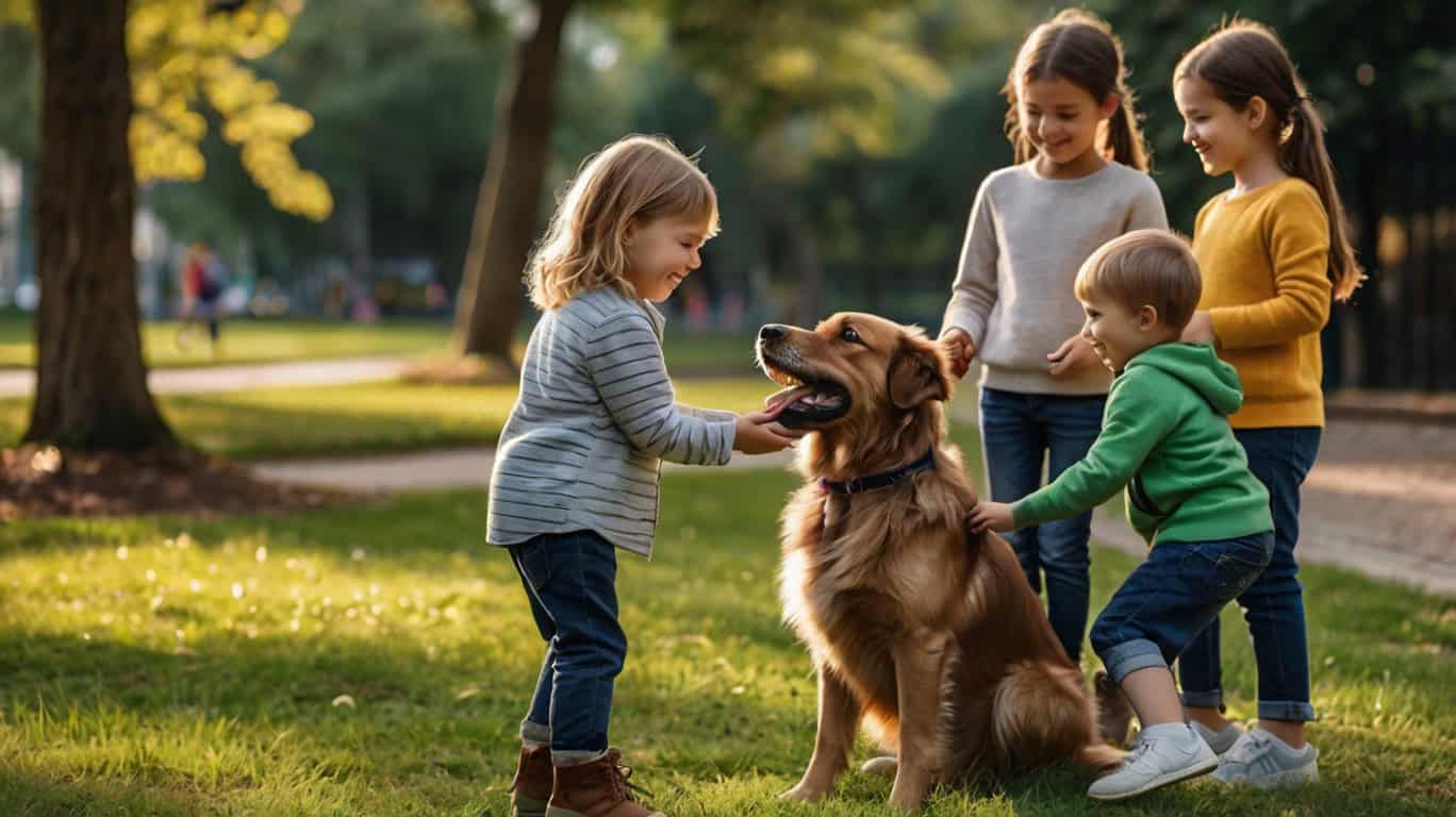 Собака играет с детьми на улице, социализация.