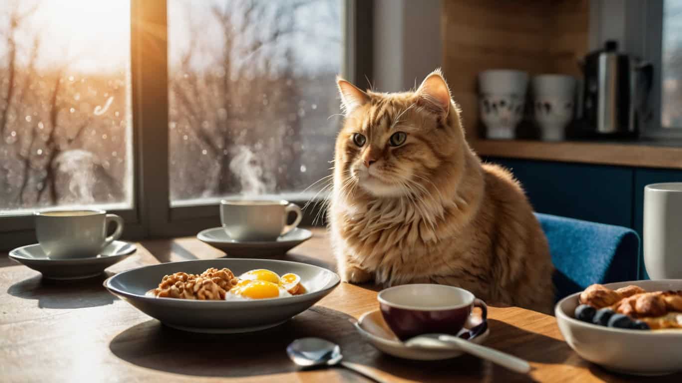 Зимний завтрак питомца с видом на снег.