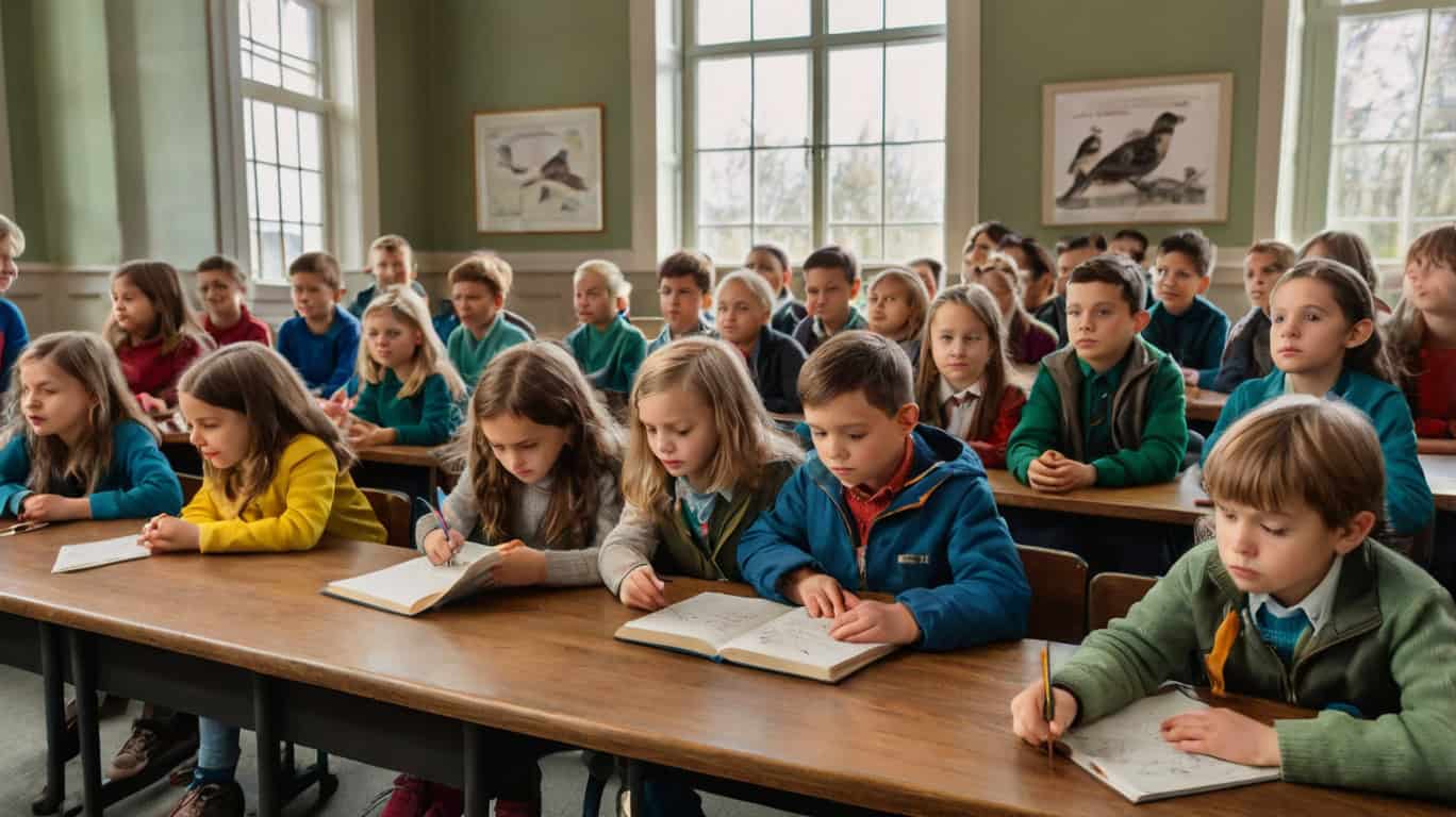 Группа детей с орнитологами на лекции
