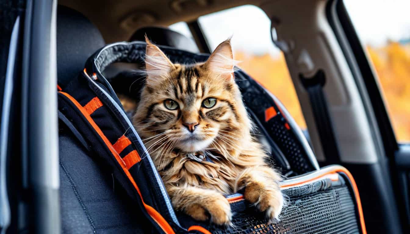 кошка в переноске в автомобиле