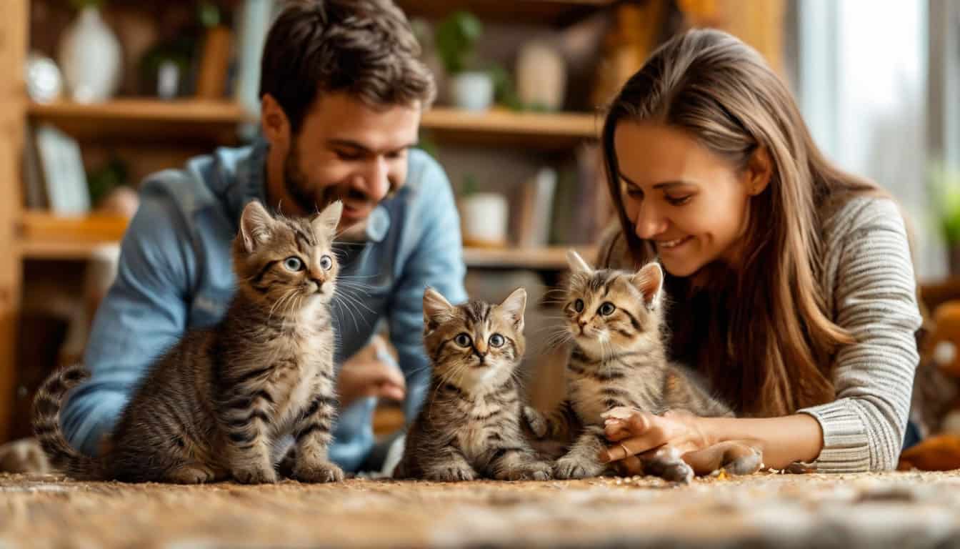 фотография семьи, играющей с кошкой