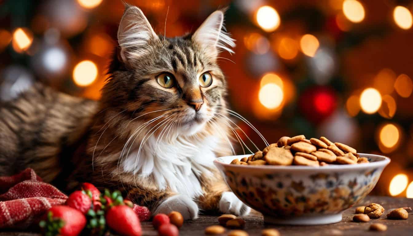 изображение кошки, которая сидит рядом с праздничной миской с лакомствами