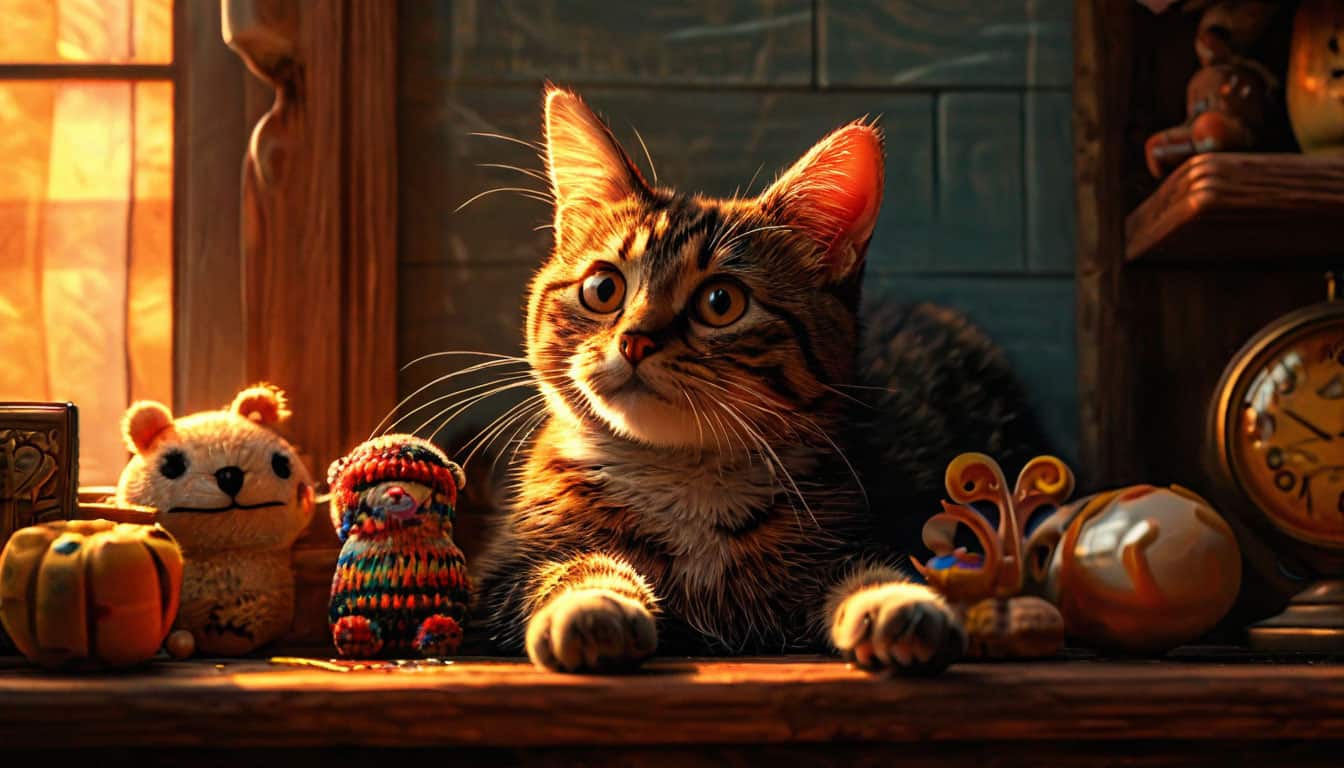 Кошка на кошачьей полке с игрушками