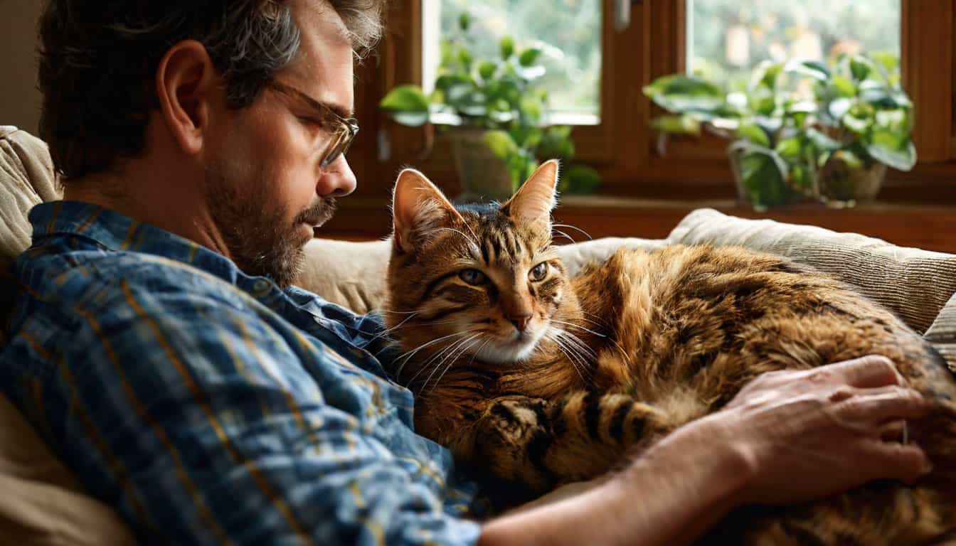 Кошка на лежанке рядом с хозяином