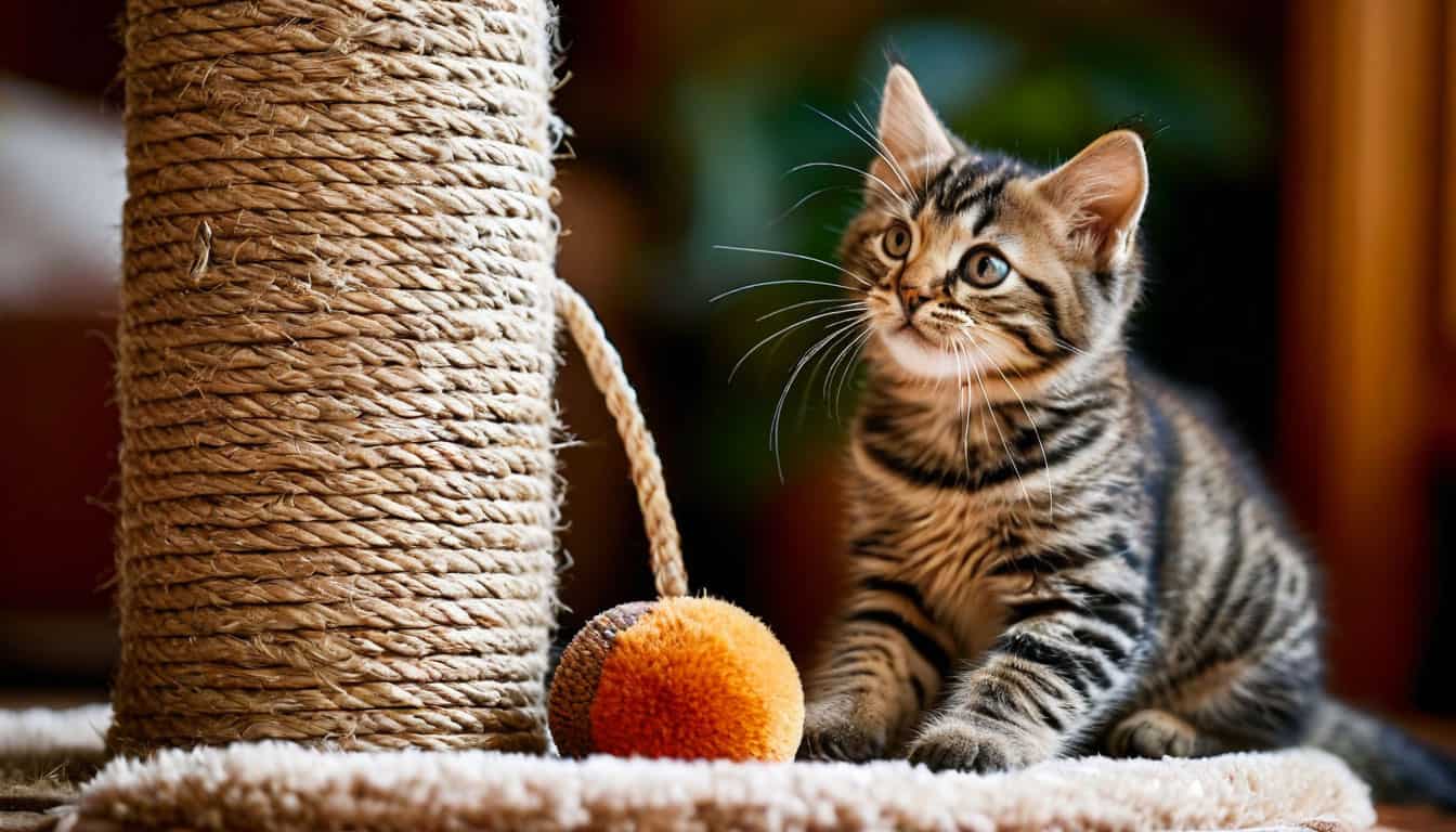 Кошка играет с игрушкой рядом с когтеточкой