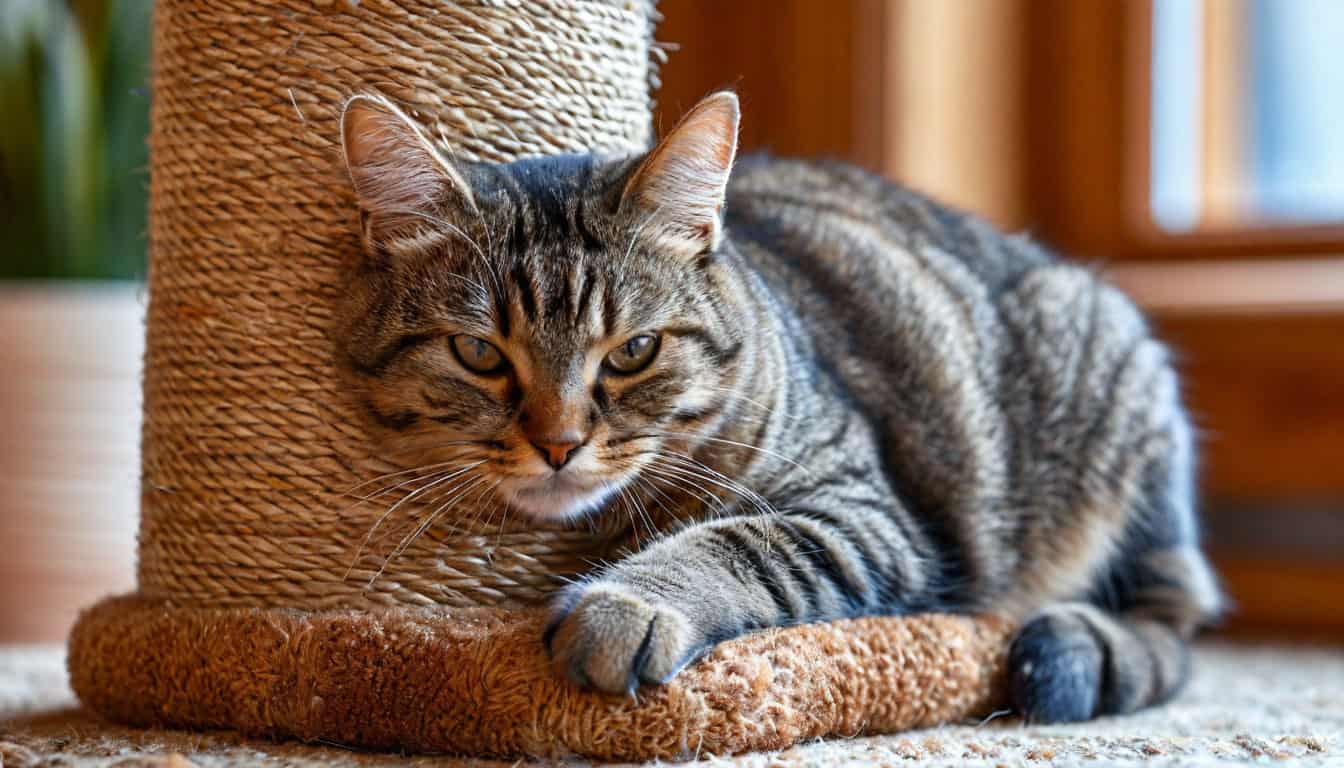 Кошка, царапающая когтеточку