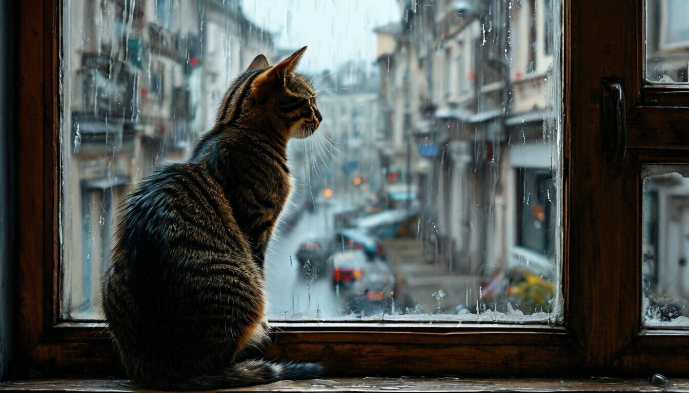 Кошка и птичка за окном