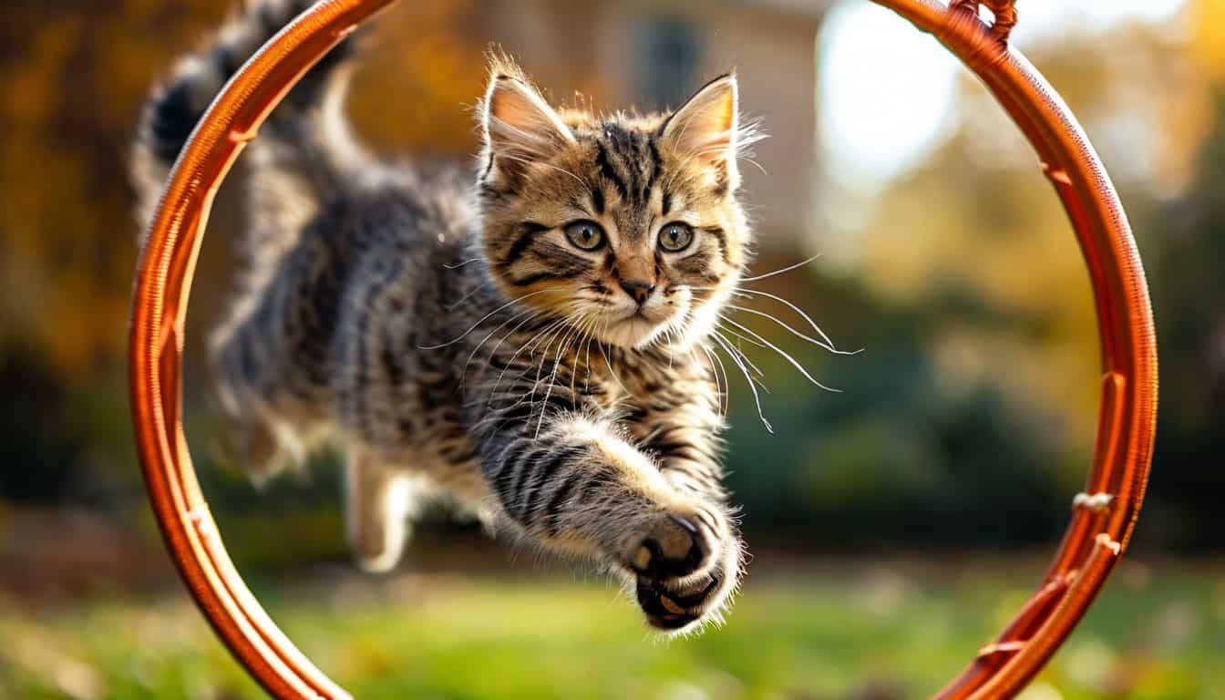 кошка прыгает через обруч