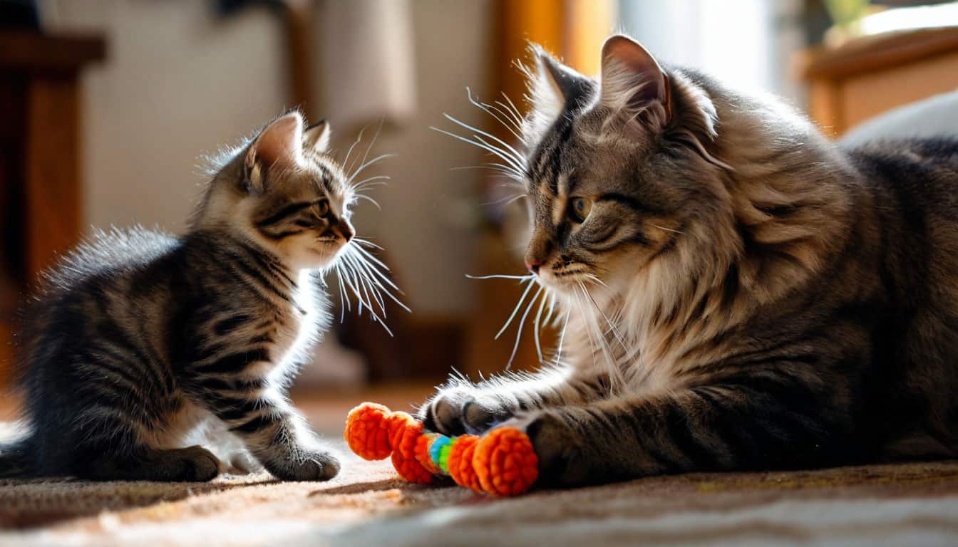 кошка и хозяин играют в «принеси игрушку»