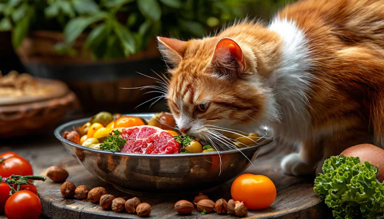 Кошка ест из миски с натуральными продуктами