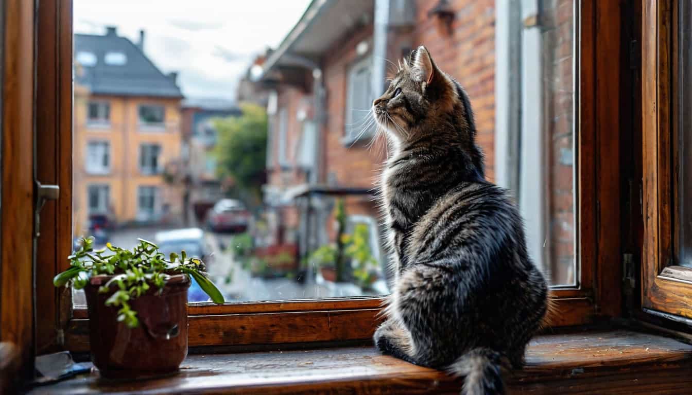 Кошка сидит на подоконнике и мяукает, смотря на улицу