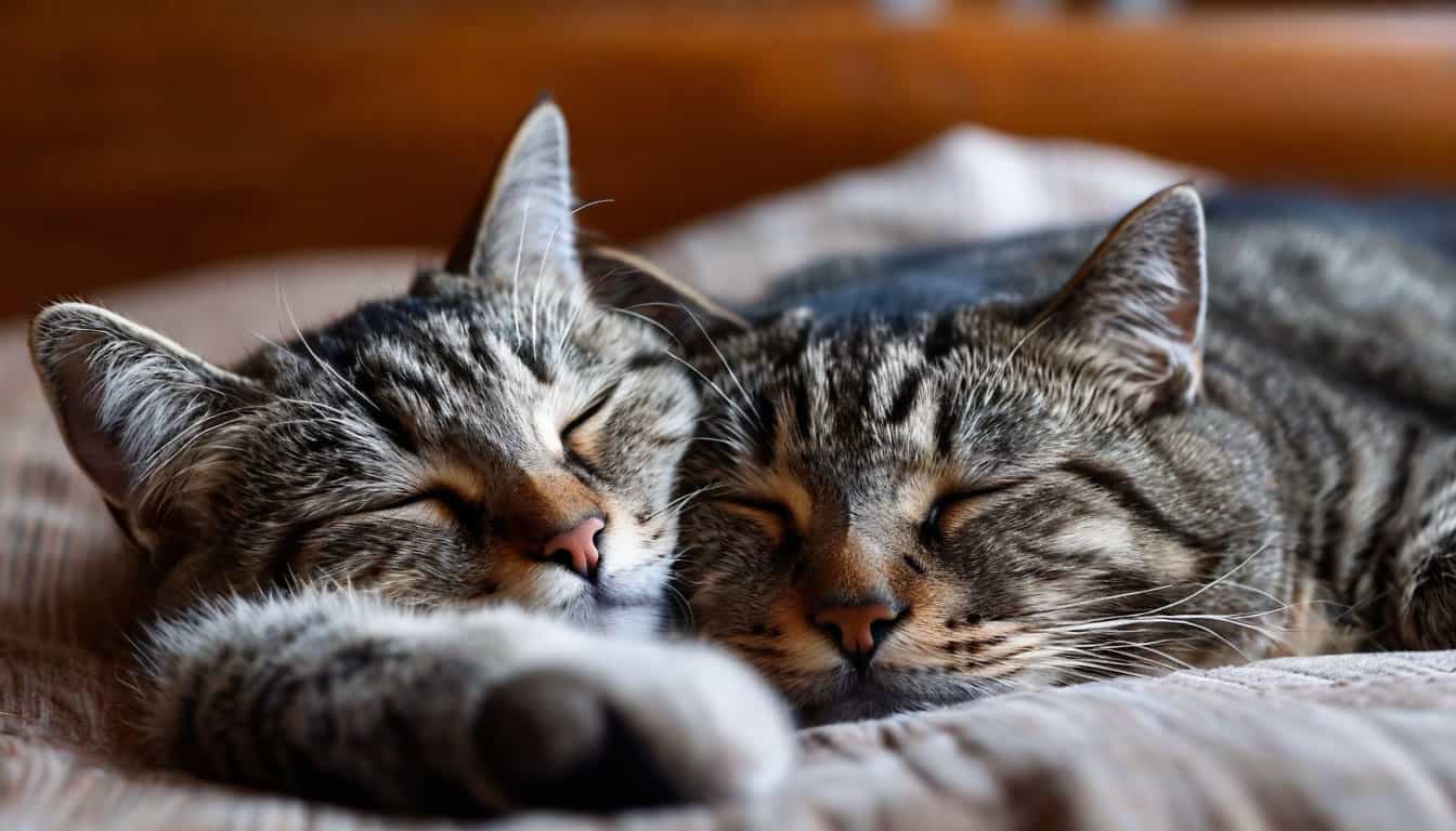 Молодая кошка спит рядом с пожилым котом