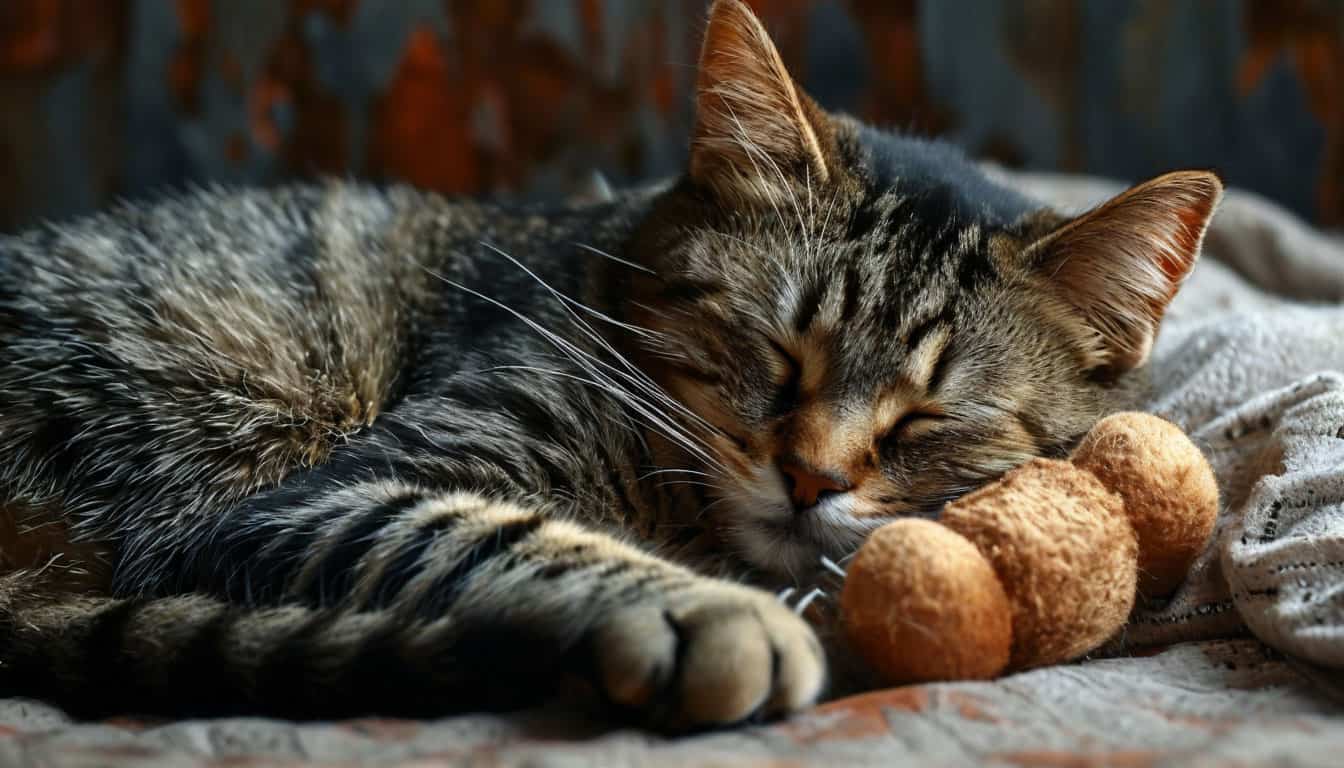 Кошка спит, обняв игрушку.