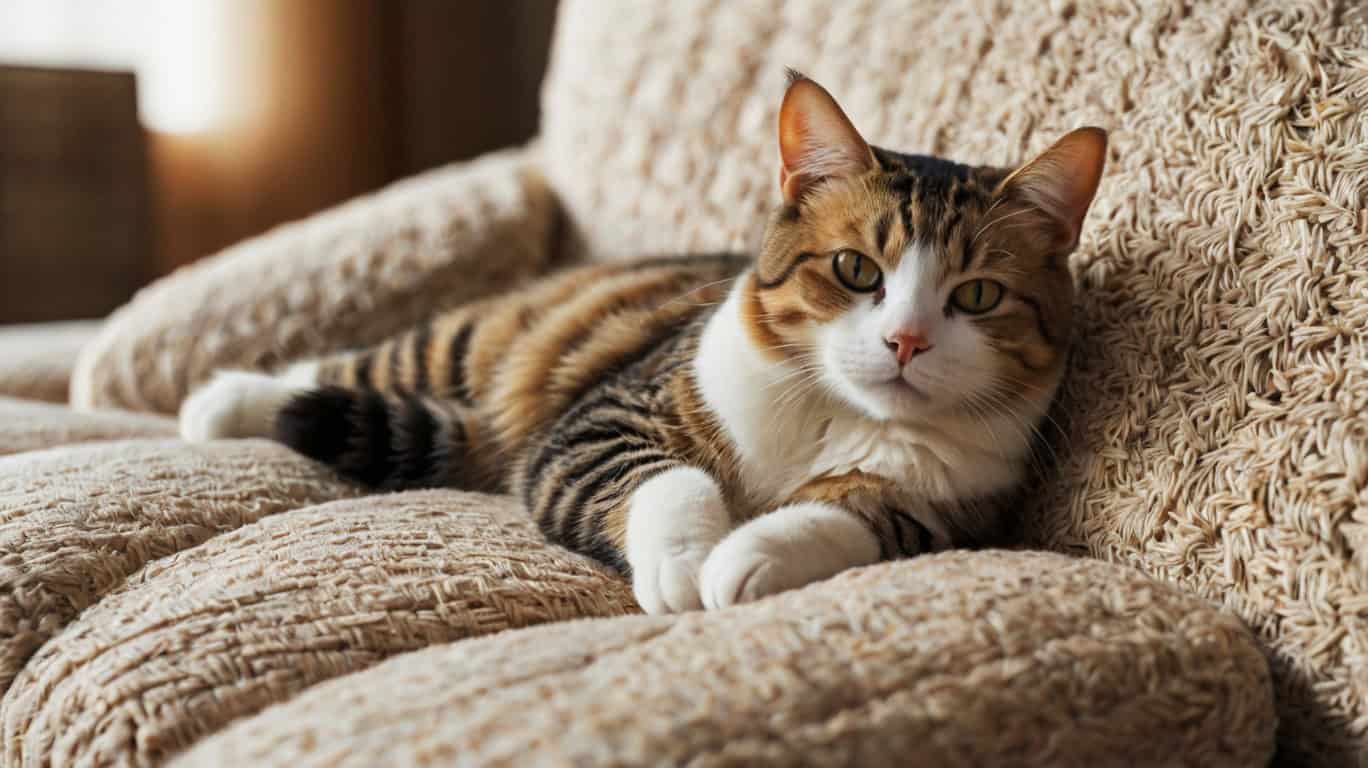 Кошка отдыхает на уютном диване в доме