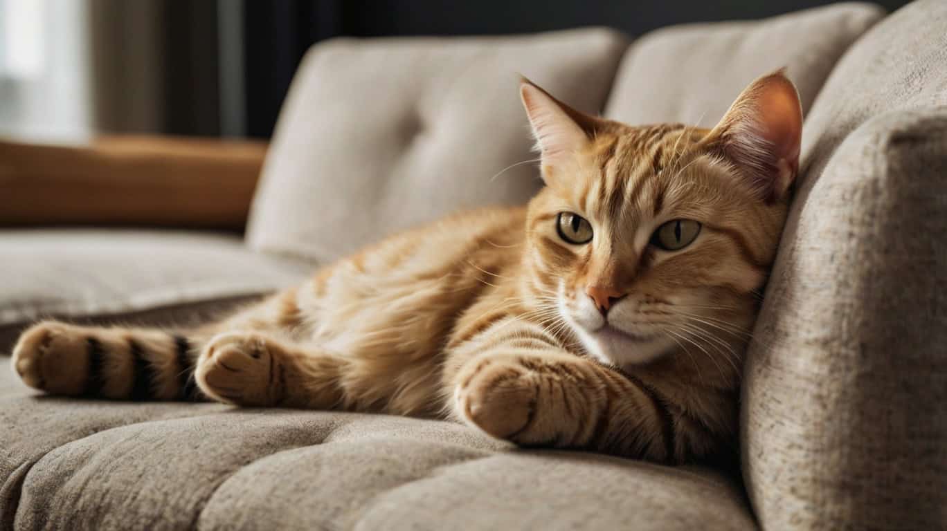 изображение кошки, лежащей на диване рядом с человеком
