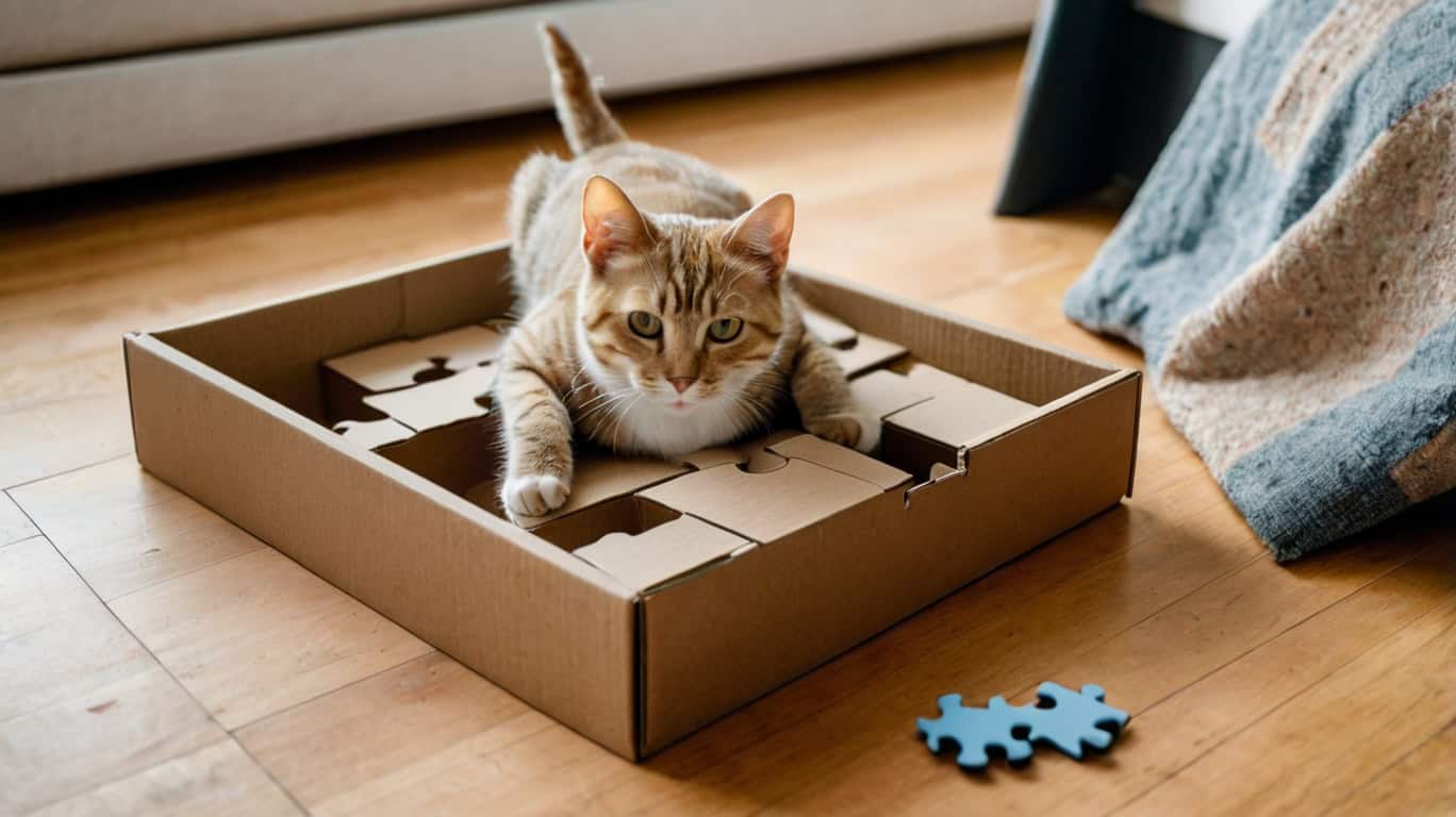 Кошка играет с картонной игрушкой-головоломкой