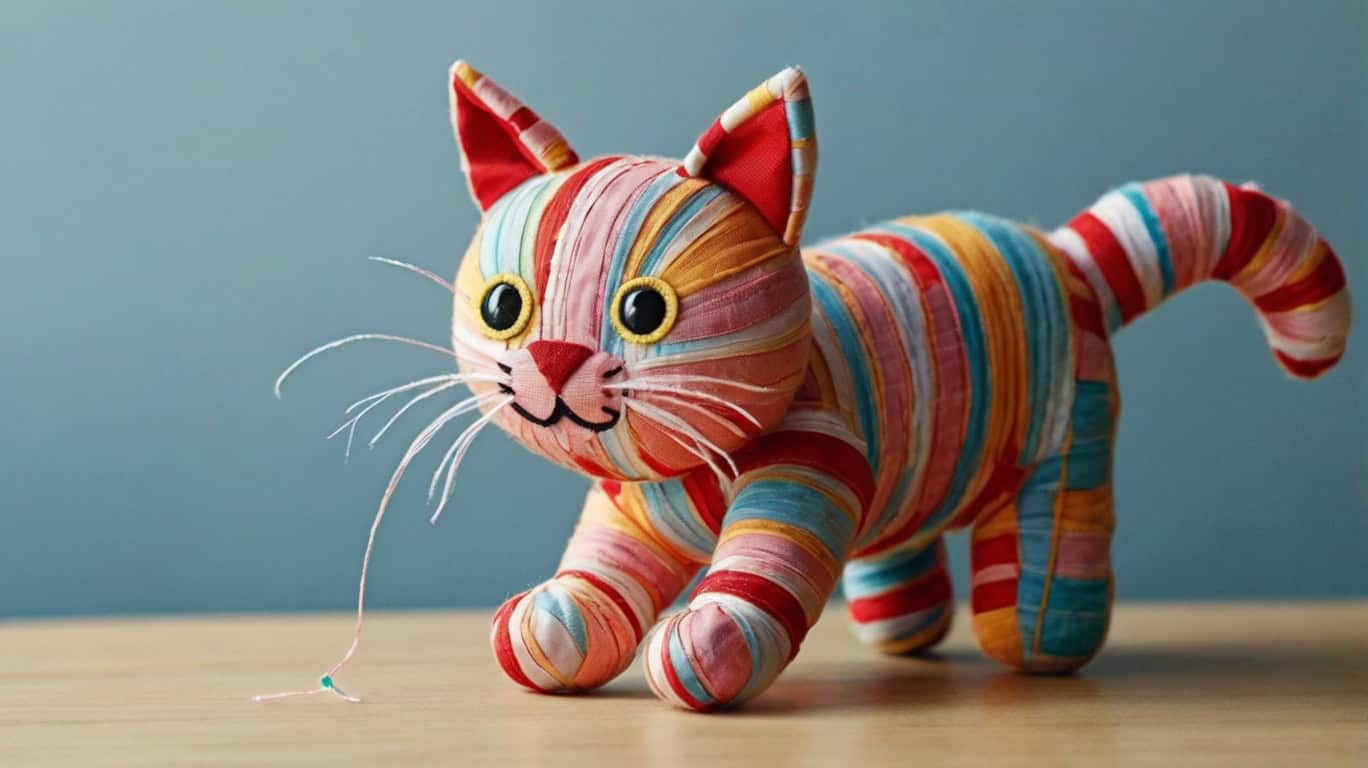 Кошка развлекается с мягкой игрушкой, сделанной своими руками