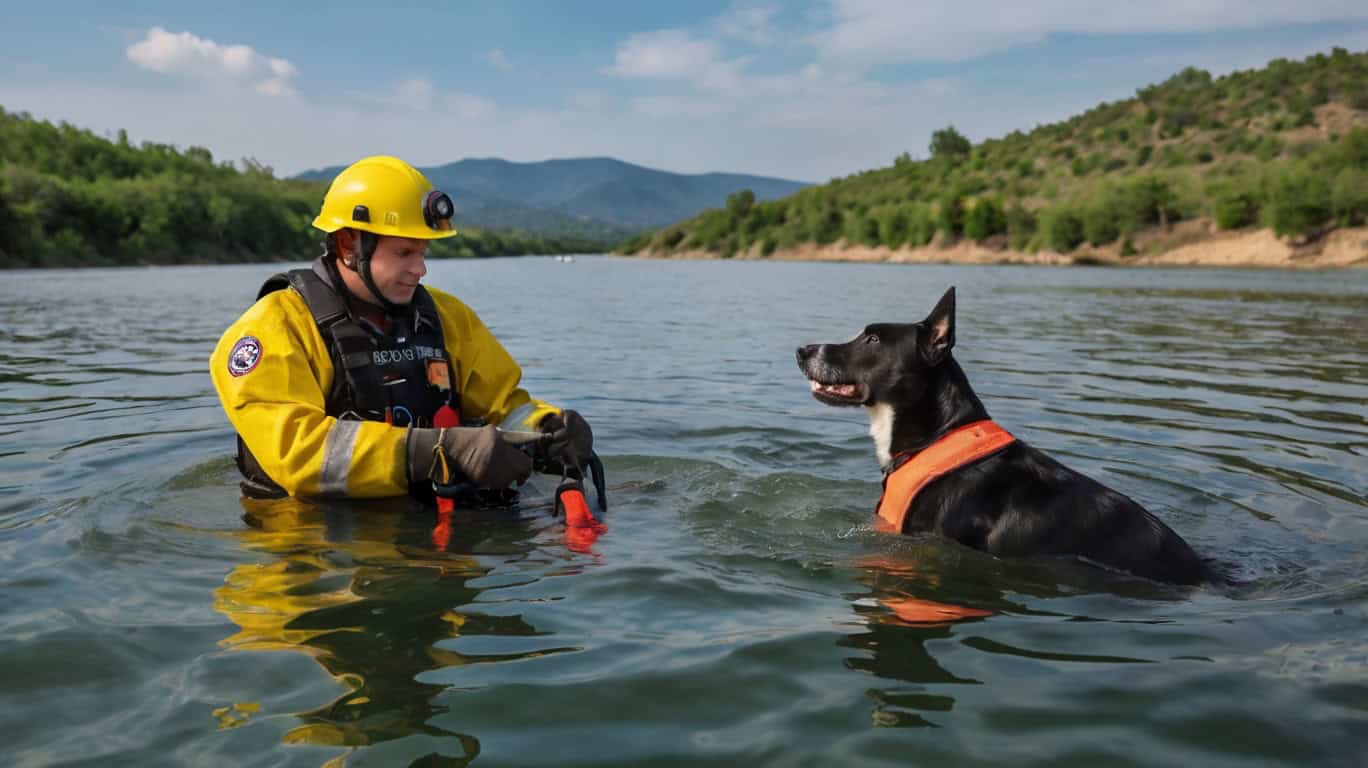 Необычные профессии собак: собака-спасатель спасает человека на воде