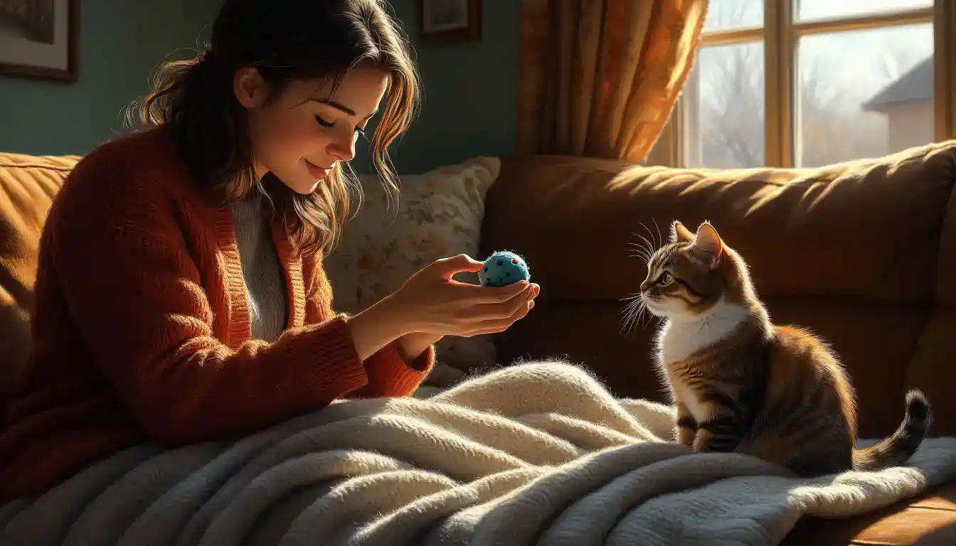 Кошка мнёт одеяло, а хозяин отвлекает её игрушкой.
