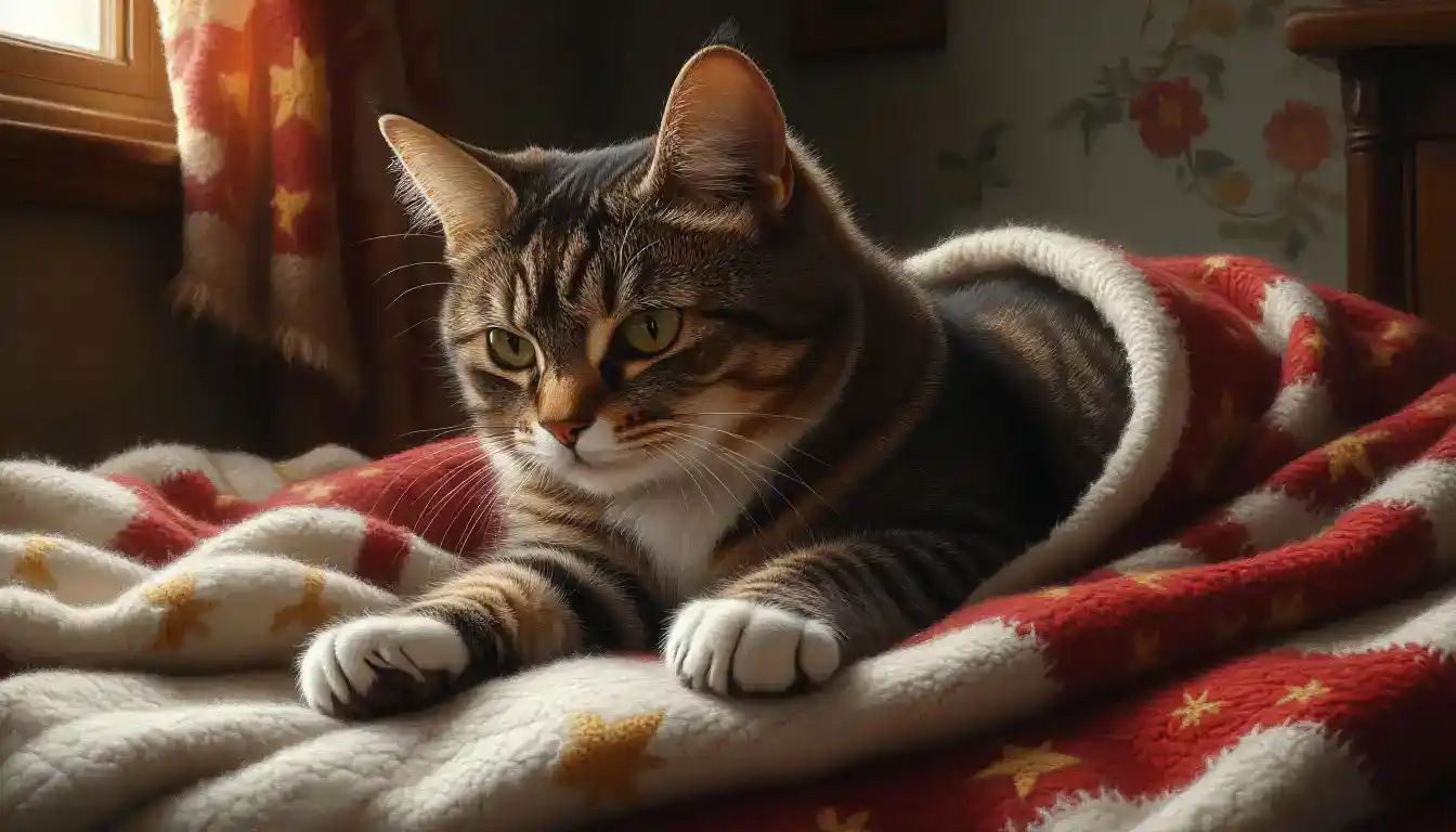 Кошка мнёт одеяло, оставляя метки запахом.