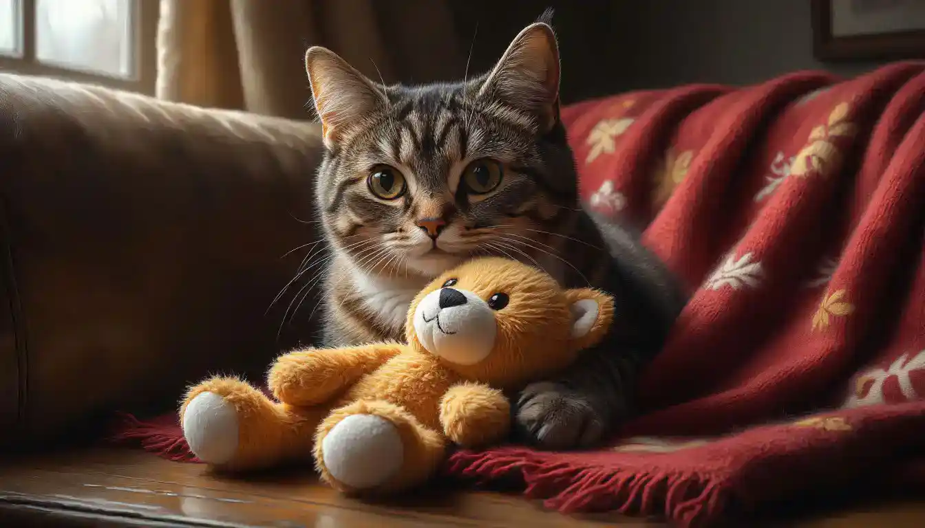 Кошка мнёт мягкую игрушку вместо одеяла.