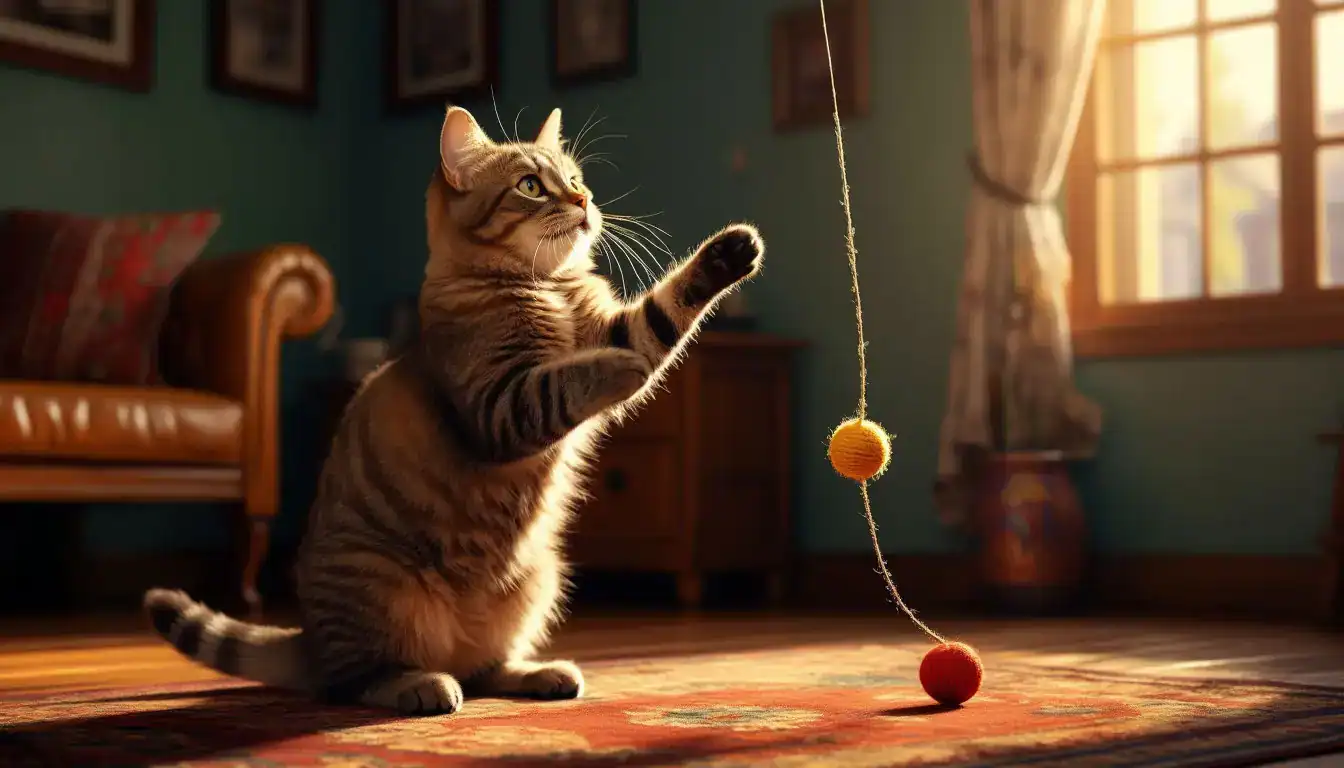 Идеи игр для кошки: игра с игрушкой на верёвочке