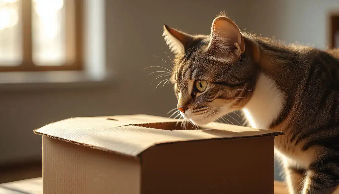 Идеи игр для кошки: исследование картонной коробки
