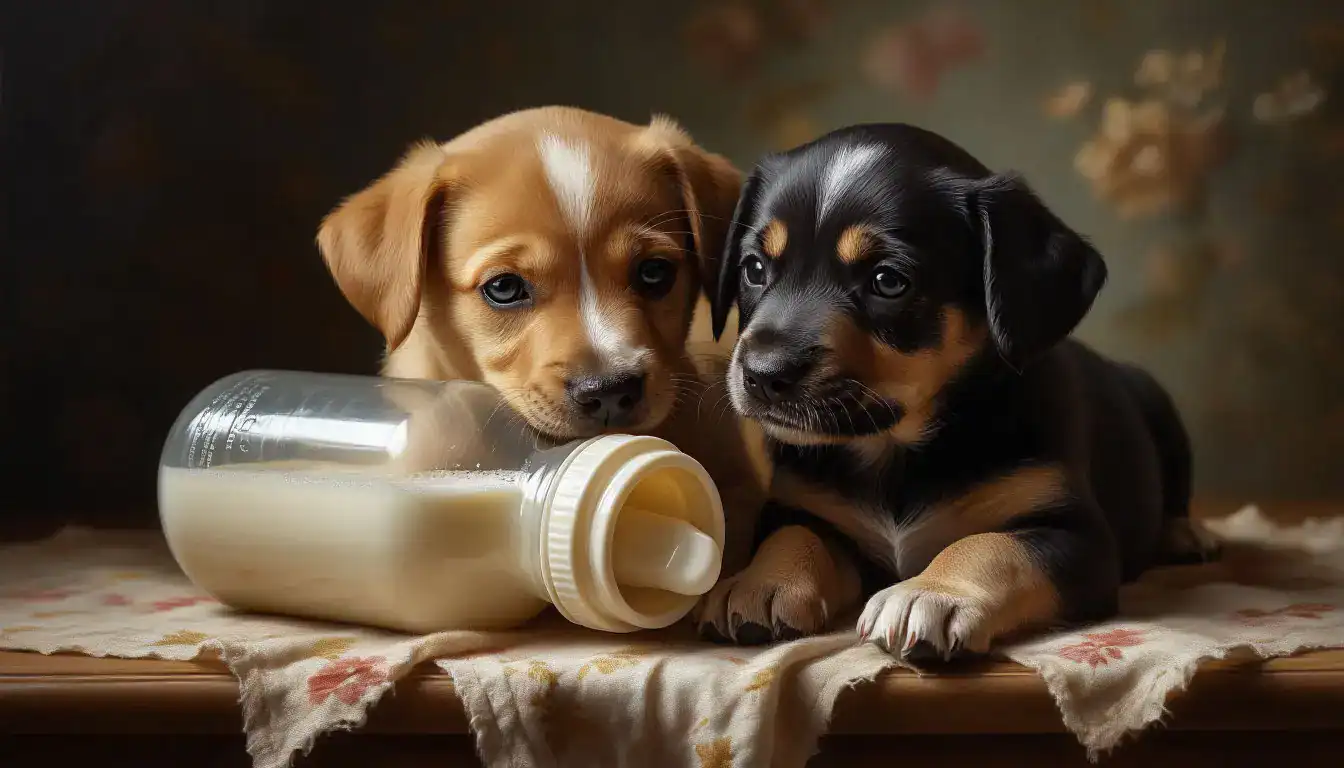 Уход за щенками: Кормление новорождённого щенка молочной смесью.