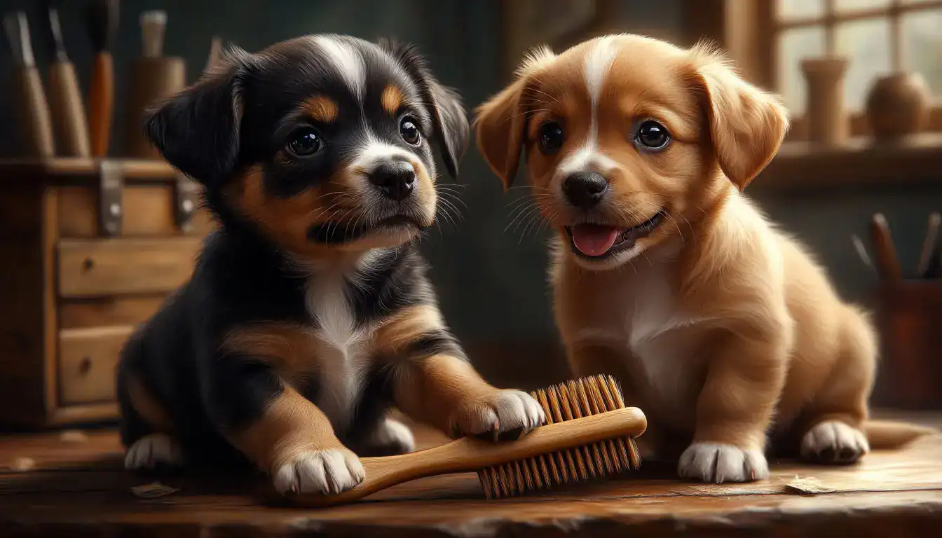 Уход за щенками: Расчёсывание шерсти мягкой щёткой.