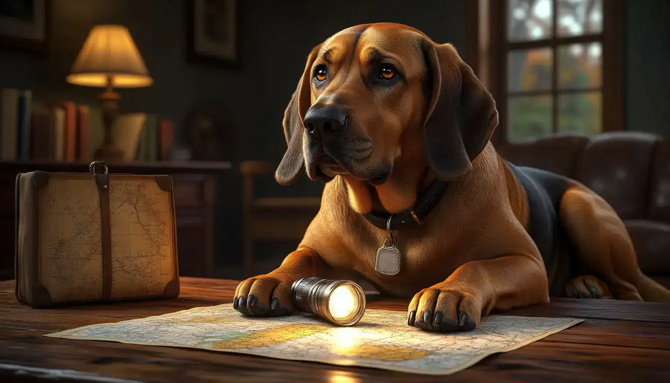 Бладхаунды в поиске: собака-сыщик с картой и фонарем.