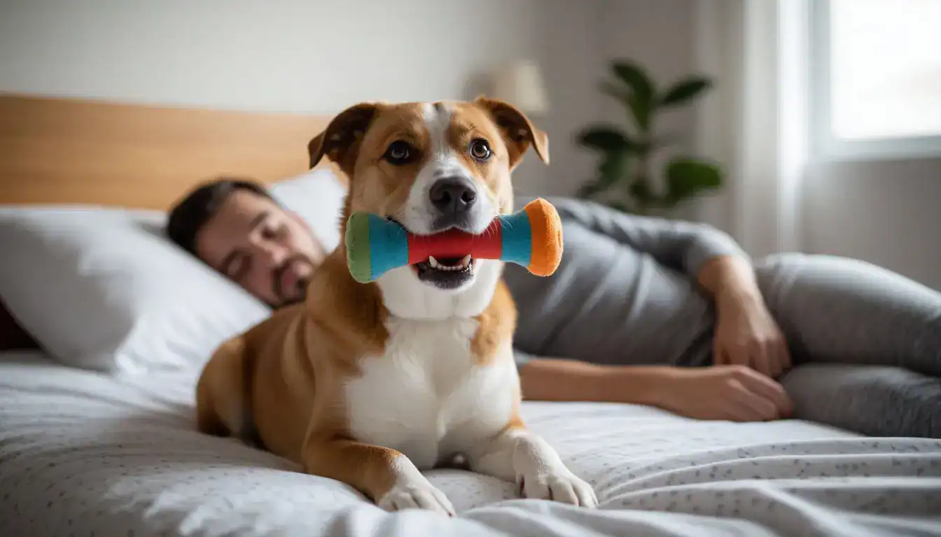 Почему питомцы будят по утрам: питомец с игрушкой ждёт игры