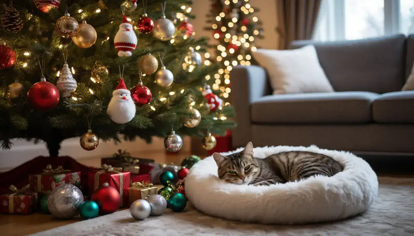 Безопасный новогодний декор с питомцем: уютная гостиная с ёлкой и тканевыми игрушками