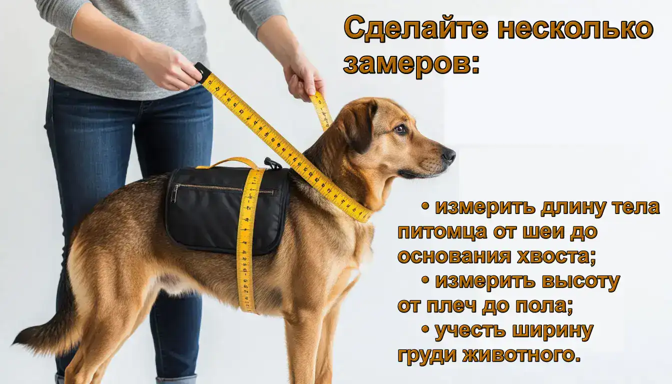 хозяин с рулеткой измеряет собаку, рядом — схема с указанием необходимых параметров (длина туловища, высота в холке)