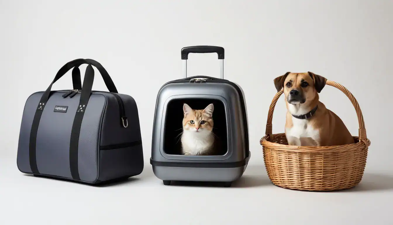 иллюстрация, на которой изображены мягкая сумка, жёсткая пластиковая переноска и корзина с питомцами внутри