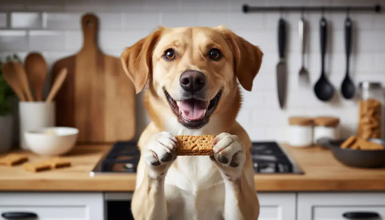 Рецепты лакомств для питомца: собака с угощением в лапах