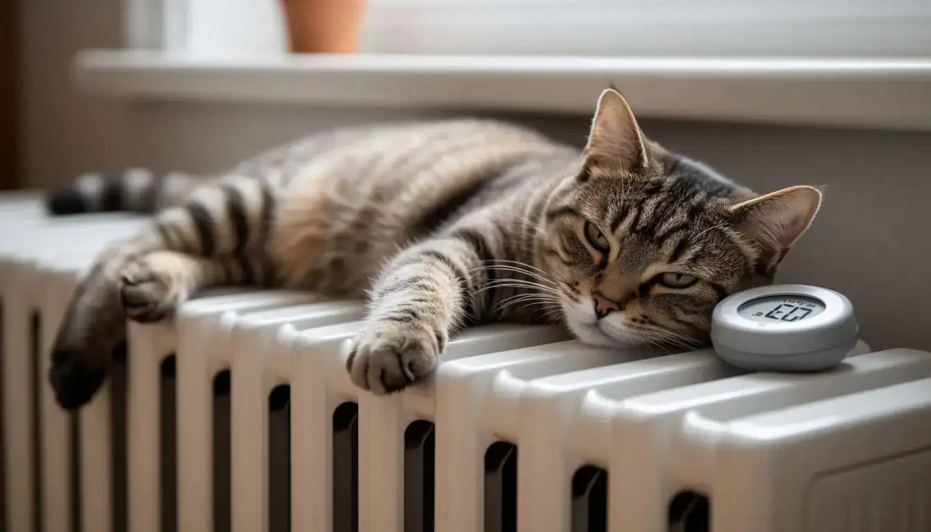 Риск перегрева кошки у батареи: уставшая кошка на горячей батарее