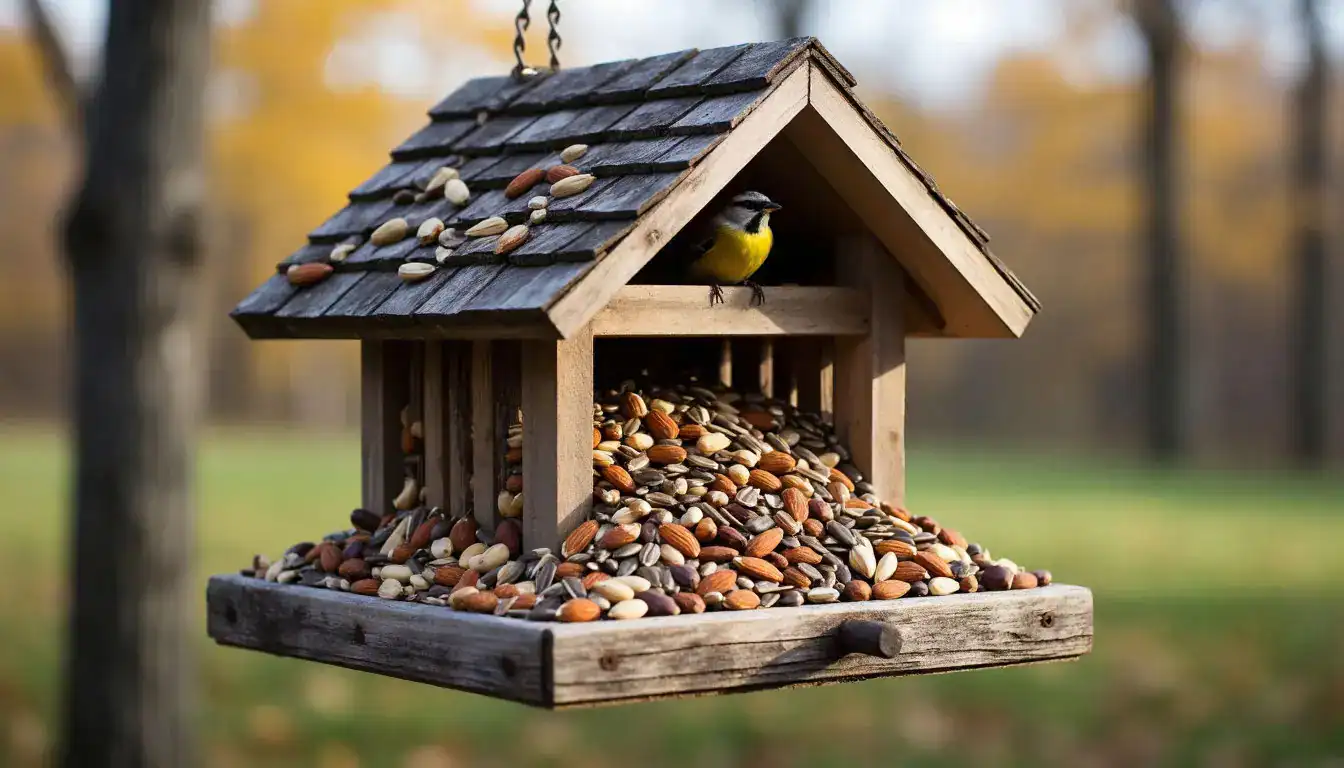 Зимний корм для уличных птиц: семена, орехи и сухофрукты в кормушке