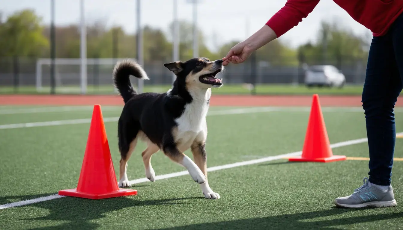 Поощрение собаки лакомством за выполнение команды „Обойди“