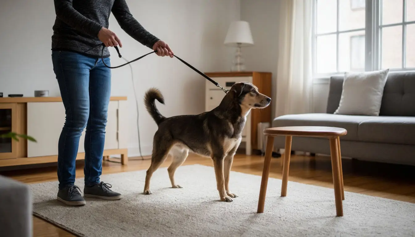 Обучение собаки команде „Обойди“ дома с использованием поводка