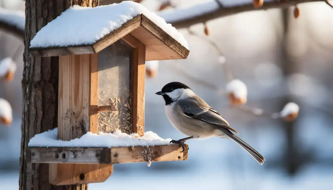 Зимний корм для уличных птиц: синица у кормушки