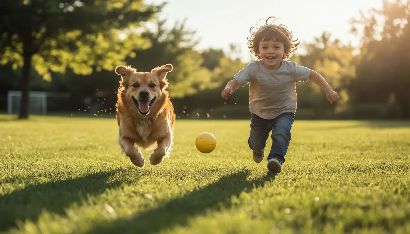 Общение ребёнка с животным: игра с собакой на лугу