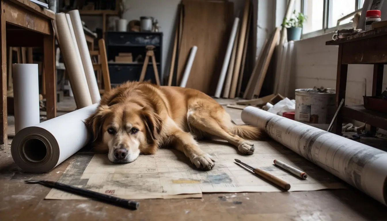 Ремонт с домашними питомцами: собака среди рулонов обоев
