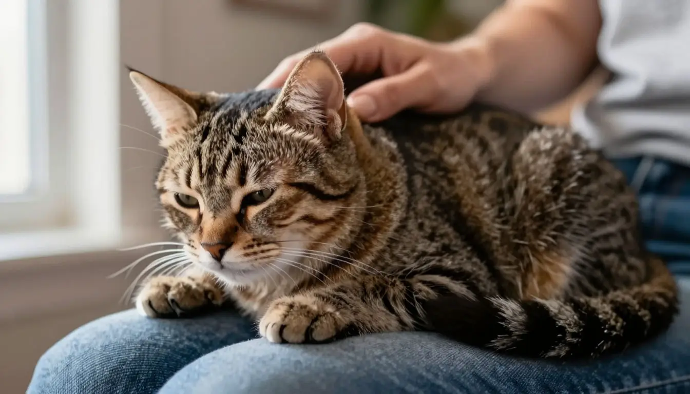 Правильное глажение кошки: кошка расслаблена на коленях у хозяина