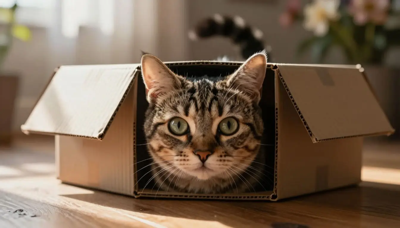 Кошкам нравятся коробки: пушистая охотница готовится к атаке из своего укрытия