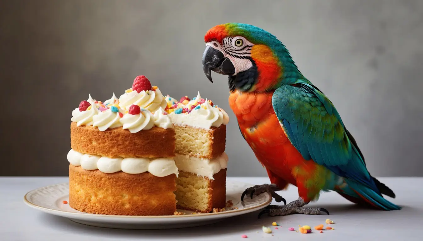 Попугай Кекс рядом с тортом — пример необычной клички питомца