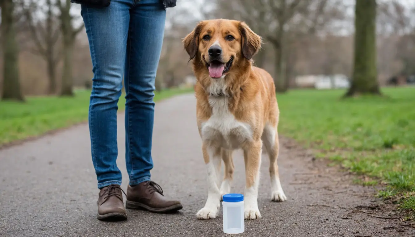 Собрать мочу собаки: мужчина с контейнером на фоне парка, собака спокойно мочится